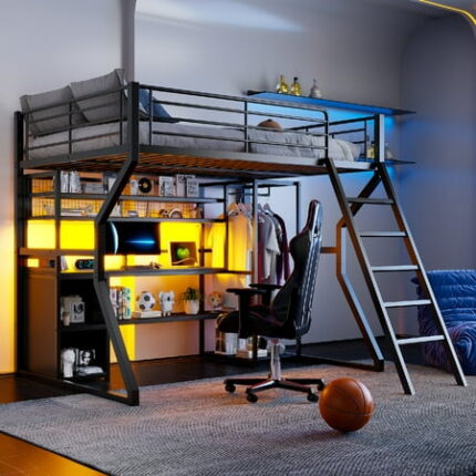 Full Size Metal Gaming Loft Bed Frame with Charging Station and Built-in Work Station Heavy Duty Beds Frame with Led Light and Wardrobe Multiple Storage Bedframe for Bedroom Mattress Not Included