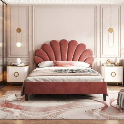 Full Size Platform Bed Upholstered Velvet Bedframe with Flower Pattern Headboard & 12 Wood Slat Support Full Storage Bed Frame for Bedroom Guestroom No Box Spring Need Red Bean Paste