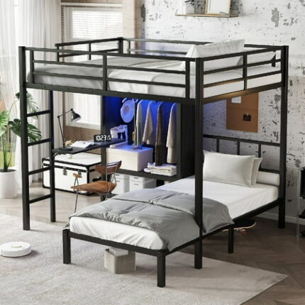 Full XL Over Twin Bunk Bed Frame Folding Desk and LED Lights Heavy Duty Beds Frame with Closet Metal Bedframe with Safety Guardrails & Ladder Space-Saving Easy Assembly Mattress Not Included Black