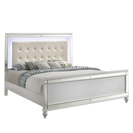 FurniFact White Queen Bedframe - Solid Wood LED Bed Frame Queen with Headboard