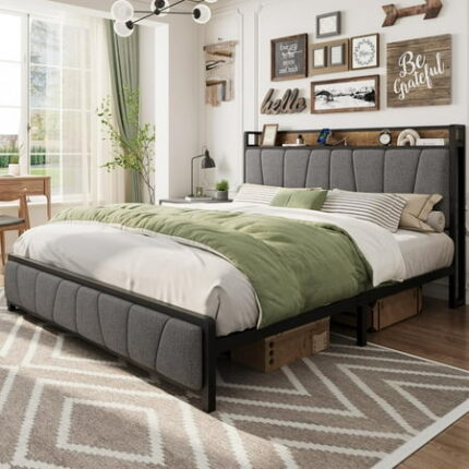 GAOMON King Size Bed Frame with 2 Storage Drawers and Charging Station Rustic Linen Upholstered Platform Bedframe with Storage Headboard No Box Spring Needed Easy Assembly Noise Free Grey