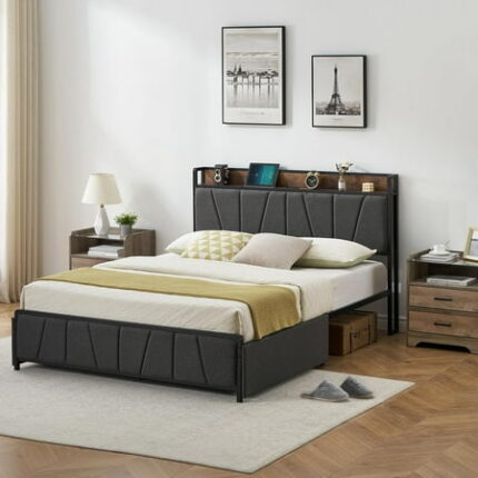 GAOMON Queen Size Bed Frame with 2 Storage Drawers and Charging Station Rustic Linen Upholstered Platform Bedframe with Storage Headboard No Box Spring Needed Easy Assembly Noise Free Grey