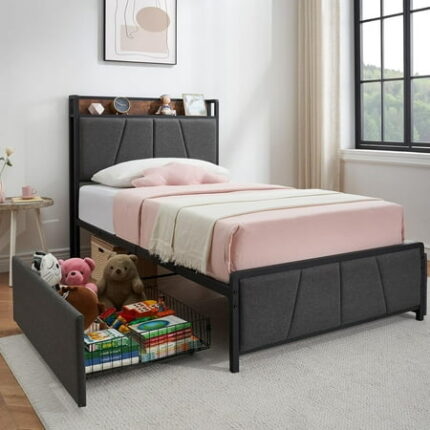 GAOMON Twin Size Bed Frame with 2 Storage Drawers and Charging Station Rustic Linen Upholstered Platform Bedframe with Storage Headboard No Box Spring Needed Easy Assembly Noise Free Grey