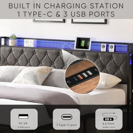 HAUSHECK King Size Upholstered Bed Frame with Storage Headboard 12 Height Underbed Spaces & 4 Fast Charging Ports LED Bed Frame w/Remote Control Noise Free Metal Bedframe No Bo