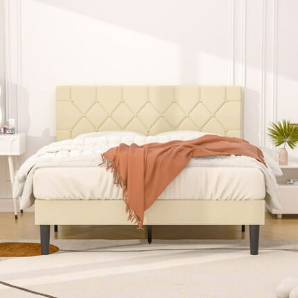Javlergo Full Size Bed Frame with Button Tufted Headboard Upholstered Platform Bedframe with Wood Slat Support No Box Spring Needed Beige