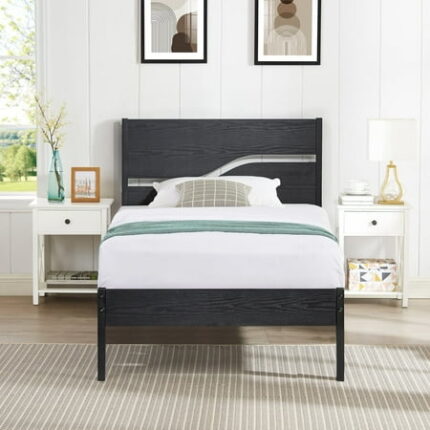 Javlergo Metal Platform Bed Frame with Wooden Headboard and Footboard Industrial Metal Bedframe No Box Spring Needed Black Twin