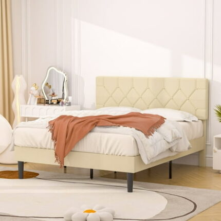 Javlergo Queen Size Bed Frame with Button Tufted Headboard Upholstered Platform Bedframe with Wood Slat Support No Box Spring Needed Beige