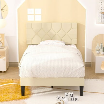 Javlergo Twin Size Bed Frame with Button Tufted Headboard Upholstered Platform Bedframe with Wood Slat Support No Box Spring Needed Beige