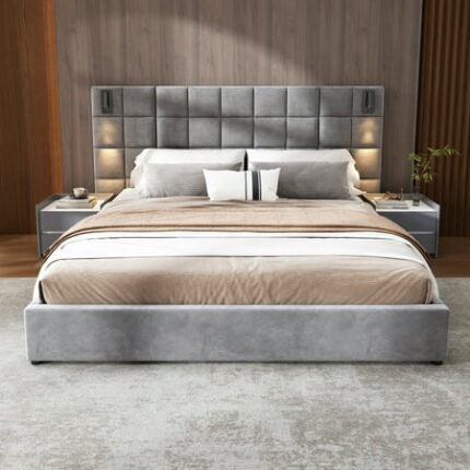 King Bed with Wide Headboard Bed Frame with Reading Lamp and Usb Port Bedframes for Bedroom Grey