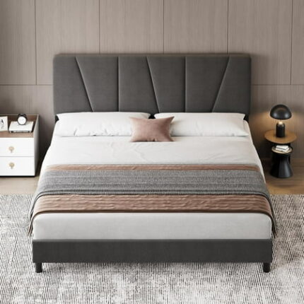 King Size Bed Frame with Adjustable Headboard Velvet Upholstered Tufted Twin Platform Bedframe with Strong Wooden Slats Mattress Foundation No Box Spring Needed Easy Assembly Grey
