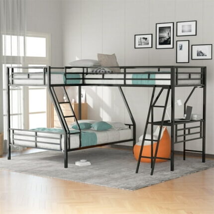 L-Shape Triple Bunk Bed Twin Over Full Bunk Bed with a Twin Size Loft Bed Metal Bunk Beds with Desk for Kids Teens Triple Bedframe with Ladders and Guardrails 3 Bed Bunk Bed Frame Black
