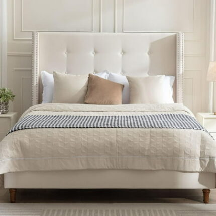 Merax Boucle Upholstered Bed Queen Bed Frame and Headboard Platform Bedframe No Box Spring Required Easy Assembly White