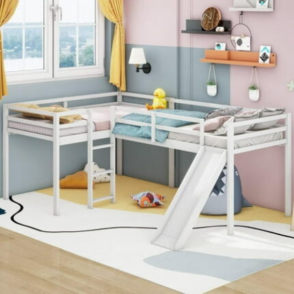 Merax Wooden Twin Size Double Loft Bed with Slide and Ladder L-Shaped Bed Frame with Full-Length Guardrail Wood Bedframe for Kids Teens Adults Bedroom 2 Twin Beds White