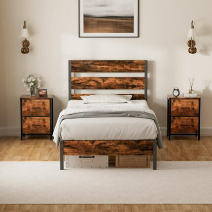 Metal Bed Frame with Wood Headboard & Footboard 12.6 H Metal Platform Bedframe Under Bed Storage Strong Mattress Foundation Steel Slat Support Bedstead Noise Free Rustic Brown Full