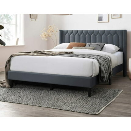 Modern Eye Catching 1Pc Queen Size Bed Charcoal Burlap Fabric Unique Diamond Design Headboard Bedframe Box Spring Not Required Queen Charcoal Wood Bedroom Contemporary Modern Bed Frame Burlap