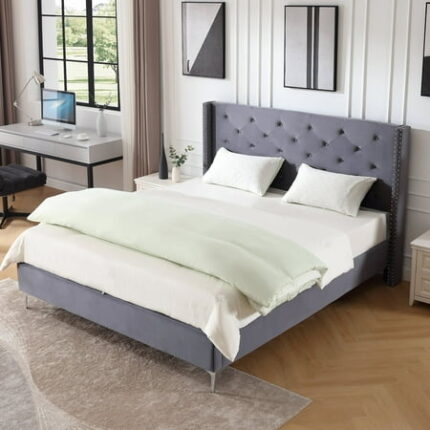 Morden Fort King Size Bed Frame Upholstered Grey Tufted Velvet Soft Frame Bedframe Platform Bed with Headboard No Box Spring Needed
