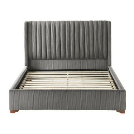 Queen Bed Frame Upholstered Platform with Corduroy Headboard - Modern Wooden Slats Support No Box Spring Required Mattress Foundation Bedframe Dark Grey Design