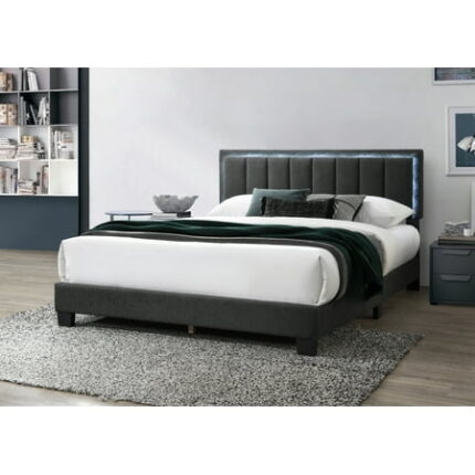 Queen Size Bed Frame 1pc Queen Size Bed Charcoal Wool Fabric Channel Tufting w LED Full Upholstered Bedframe Bedroom Bed King Size Bed Frame
