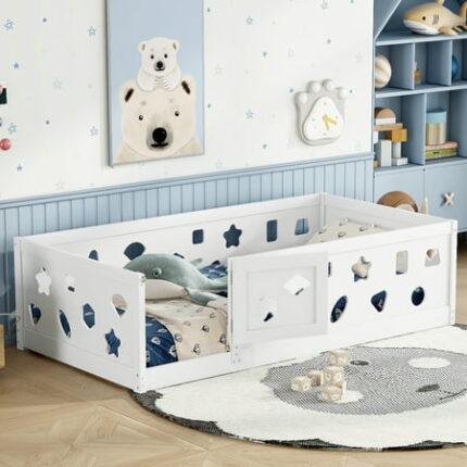 Queen Size Bed Frame Twin Size Floor Bed with Heightened Safety Guardrails and Door Solid Wood Bedframe with Rails for Girls Boys Teens Child Bedroom Kids Playroom No Slats Included White King