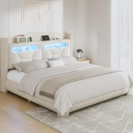 Queen Size Bed Frame with Headboard Boucle Upholstered Platform Bed Frames with Storage Charging Station LED Lights Soft Thickened Board Bedframe Easy Assembly White