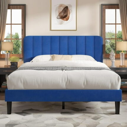 Queen Size Bed Frame with Upholstered Headboard Velvet Platform Bedframe Mattress Foundation Strong Wood Slat Support No Box Spring Needed Blue