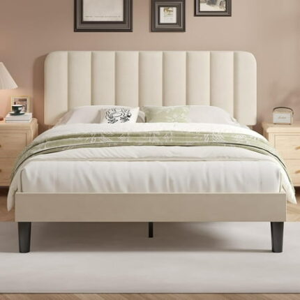Queen Size Bed Frame with Upholstered Headboard Velvet Platform Bedframe Mattress Foundation Strong Wood Slat Support No Box Spring Needed Bone Beige