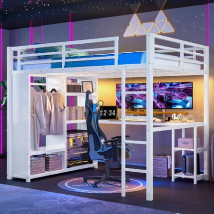 Queen Size Loft Bed Frame with Built-in Wardrobe Metal Beds Frame with Desk and Storage Shelves Heavy Duty Bedframe with with Guardrail and Ladder Easy Assembly Mattress Not Included White