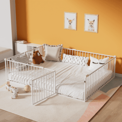 Queen Size Metal Floor Bed Frame with Fence and Door Montessori Bedframe No Box Spring Needed Easy to Install Bedroom Furniture for Kids Toddlers Boys Girls White