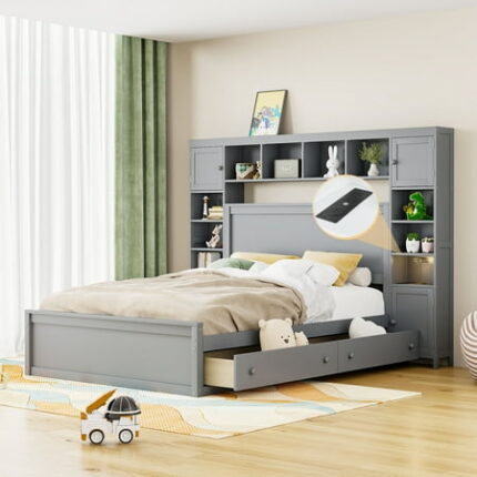 Queen Size Versatility Galore Solid Wood Bed Frame with All-in-One Cabinet Drawers Shelf and Sockets Platform Bed Frame Mid Century Bedframe Wood Foundation(Gray Queen)