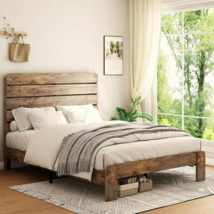 Queen Size Wooden Bed Frame with Headboard Rustic Farmhouse Style Sturdy Bedframe with Wooden Slat Support Noiseless Easy to Assemble No Spring Mattress Required. (Light Brown Queen)