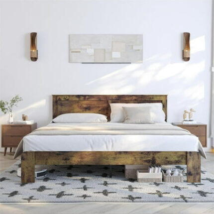 Queen Size Wooden Bed Frame with Headboard Wood Bed Frame Rustic Farmhouse Style Sturdy Bedframe with 12 Wooden Slat Support Noiseless Easy to Assemble