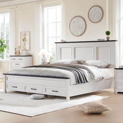 Robincroft Farmhouse Bed Frame With 52" Headboard Wood Platform Bedframe With Storage Drawers