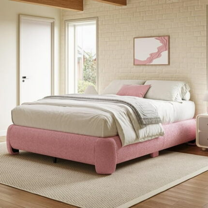 SAIYA Cloud Platform Bed Frame Queen Size Soft Boucle Bed Frame with Round Corner Upholstered Queen Bedframe with Heavy Duty Wood Slat No Box Spring Needed Easy Assembly Pink