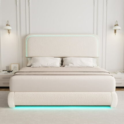 SIBEDS Queen LED Bed Frame Teddy Fleece Upholstered Platform Bedframe No Box Spring Needed Cream