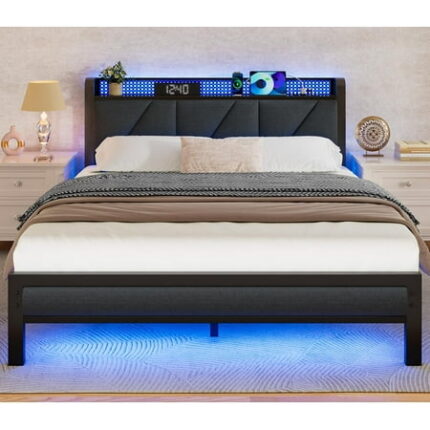 TIANTAI Full Bed Frame with LED Lights Headboard with Charging Station and USB Port Upholstered Platform Bedframe Metal Support No Box Spring Needed