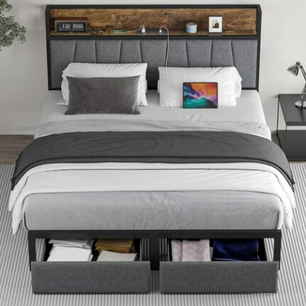 TIANTAI Full Size Bed Frame with Headboard and Storage Drawers Platform Bed Frame with Storage Chargin Station LED Light Bedframe Heavy Duty No Box Spring Needed