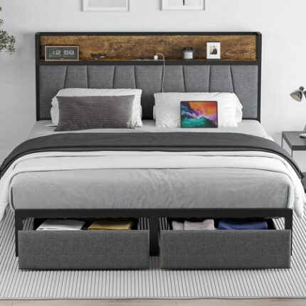 TIANTAI King Size Bed Frame with Headboard and Storage King Size Platform Bed Frame with Drawers Storage Chargin Station LED Light Bedframe King Size Heavy Duty No Box Spring Needed