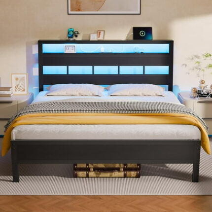 TIANTAI Queen Bed Frame with Storage Headboard and LED Lights Metal Bedframe with Charging Station and USB Port Queen Size Platform Bed with Heavy Duty Slats No Box Spring Needed Black Oak