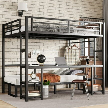 Tcbosik Queen Over Twin XL Size Futon Bunk Bed with Writing Desk and Storage Shelves Metal Bed Frame with LED Lights & Charging Station Convertible Sofa Bunk Bedframe Black