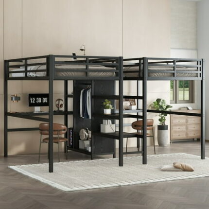 Tcbosik Twin Size Double Loft Bed for 2 Metal Bed Frame with Double Desk Charging Station and Wardrobe Loft Bedframe with Stairs & Open Shelves Black