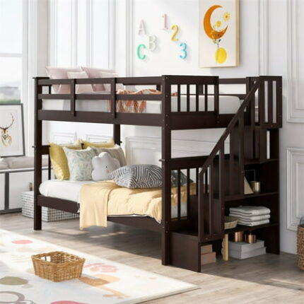 Twin Over Twin Bunk Bed Solid Wood Bunk Bed Frame with Stairway Storage and Guard Rails Can be Separated into 2 Bedframe Bed Frame for Kids Teens Dorm Bedroom Furniture Espresso