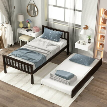 Twin Platform Bedframe with Trundle Platform Bed Frame with Headboard and Footboard Pine Wood Bedframe for Dorm Bedroom Guest Room No Box Spring Needed Espresso