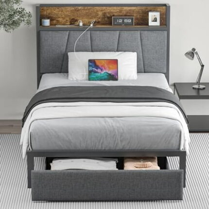 Twin Size Bed Frame with Headboard and Storage Platform Bed Frame with Drawers Storage Chargin Station LED Light Bedframe Heavy Duty No Box Spring Needed