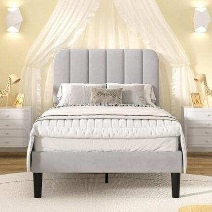 Twin Size Bed Frame with Upholstered Headboard Velvet Platform Bedframe Mattress Foundation Strong Wood Slat Support No Box Spring Needed Light Grey