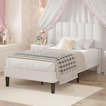 Twin Size Bed Frame with Upholstered Headboard Velvet Platform Bedframe Mattress Foundation Strong Wood Slat Support No Box Spring Needed White