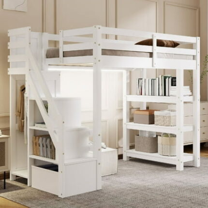 Twin Size Loft Bed Frame with White LED Light and Small Wardrobe Wooden Bed Frame with Storage Staircase and Shelves Loft Bedframe with Safety Guardrail Mattress Not Included White