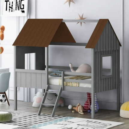 Twin Size Loft Bed Wood House Bed with 2 Side Windows for Kids Teens Adults Low Loft Bed Frame with Ladder and Roof for Bedroom Playhouse Space Saving Bedframe No Box Spring Needed Gray+Brown