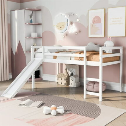 Twin Size Loft Bed with Slide High Loft Bed Frame with 11 Solid Wood Slats & Safety Rail Wooden Bedframe Multifunctional Bunkbeds for Bedroom No Spring Box Needed White