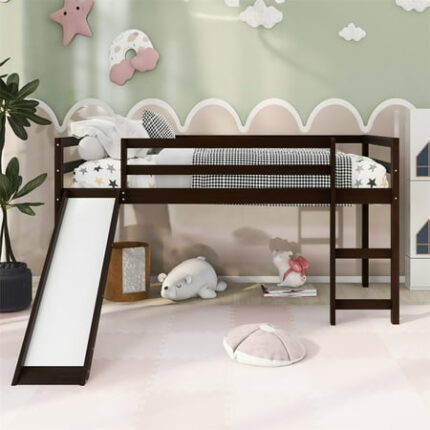 Twin Size Loft Bed with Slide High Loft Bed Frame with 11 Solid Wood Slats & Safety Rail Wooden Bedframe Multifunctional Bunkbeds for Bedroom No Spring Box Needed Espresso