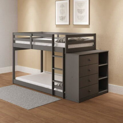 Twin Size Low Bunk Bed Frame with Storage Floor Bunk Beds Frame with 4 Drawers and 3 Shelves Solid Wood Bedframe with Guardrails and Ladder for Bedroom Dorm Gray